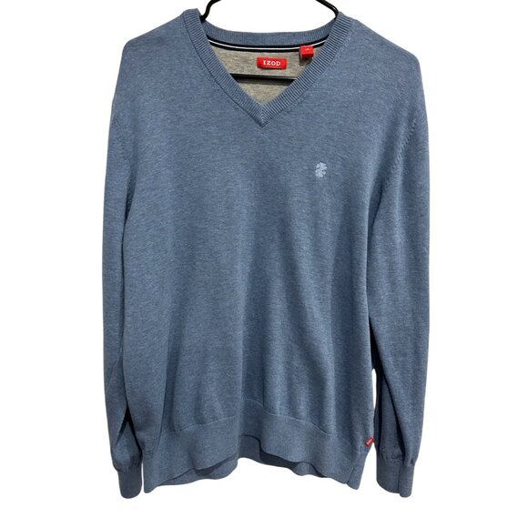 Izod Mens Blue V Neck Sweater Cotton Lightweight Casual Knit Pullover Sz Large - Picture 1 of 9